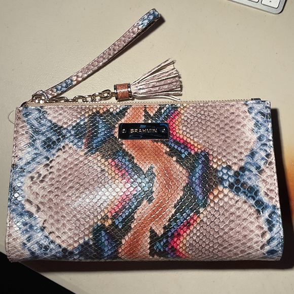 Brahmin Handbags - Brahmin Pink and Blue Snake Print Wristlet Bag. EUC